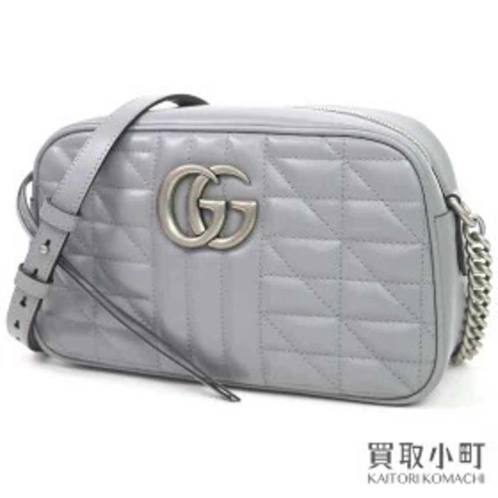 Gucci GG Marmont Quilted Chain Pouch Double GG Leather Shoulder Bag Gray